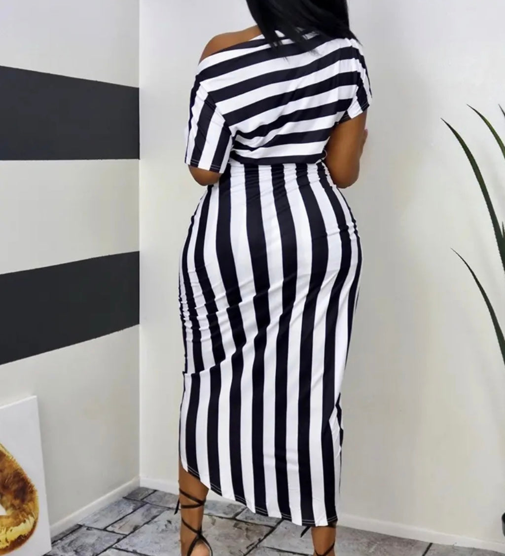 Striped Skew Neck Dress