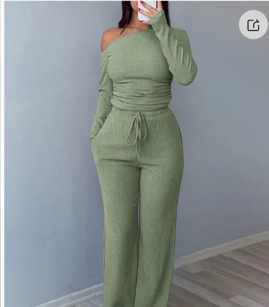 Stacy Fine 2 Piece Skew Neck Ribbed Set
